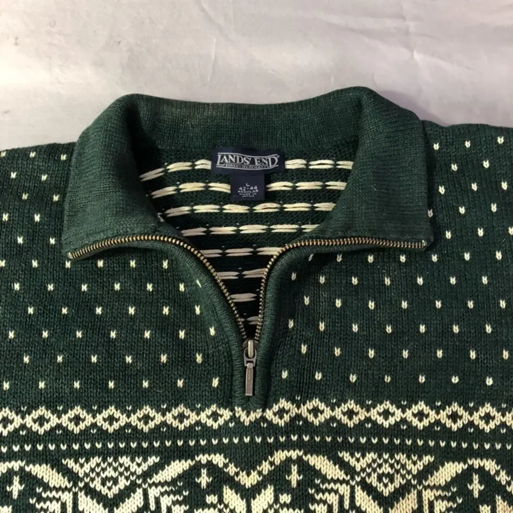 Vintage Nordic Snowflake‎ 1/4 Zip Pullover Sweater Land's End Large Forest Green